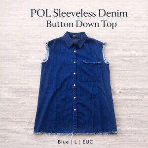 POL Denim Sleeveless Button Down Top Raw Hem Frayed Cotton Blue L